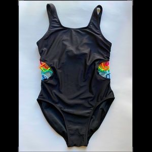 Art class girls black one piece with rainbow colored side cutouts XL 14/16